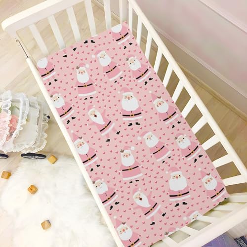 Image of Christmas Pink Santa Crib Sheets Soft Breathable Fitted Baby Playard Sheets Mattress Cover for Girl Boys, 39 inch x 27 inch x 5 inch