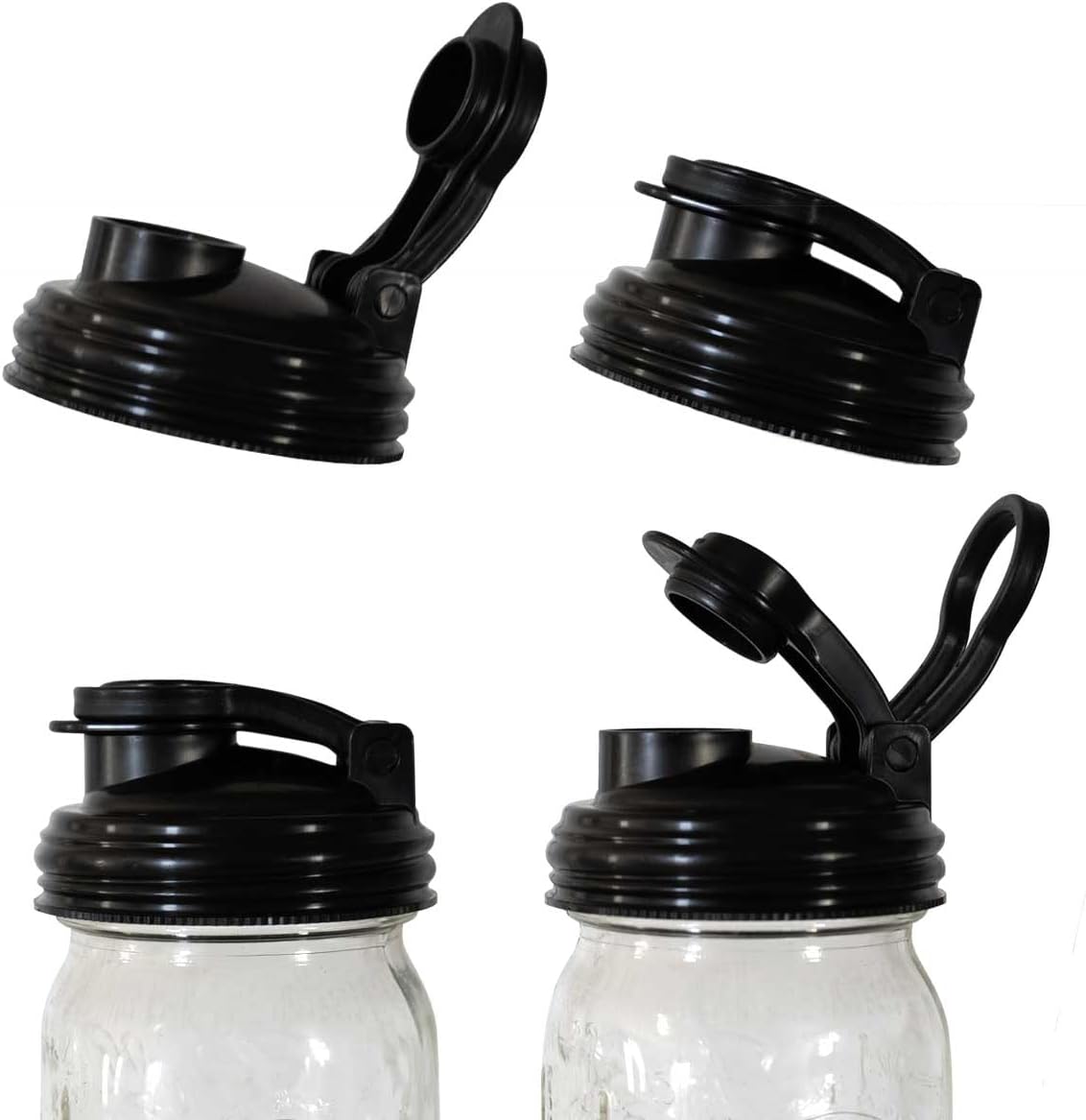 reCAP Mason Jar Pour Lid with Foldout Carry Loop, Regular Mouth, Black, Leak-Proof Seal, 4-Pack, USA Made