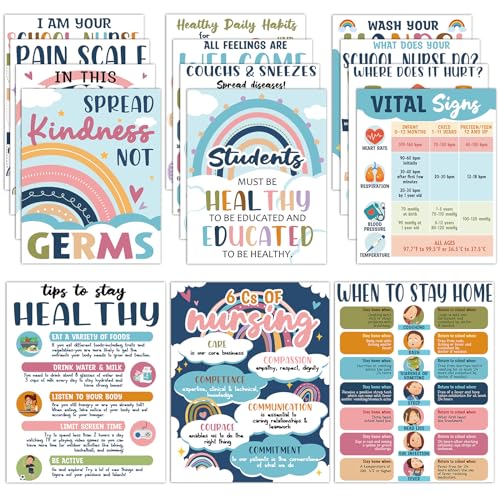 Jacyan 15Pcs School Nurse Bulletin Board Decorations Boho Health Posters for School Office Supplies Health Posters Bulletin Board Decor for Classroom School Office Kids Art Print 11 x 14 Inches Blue