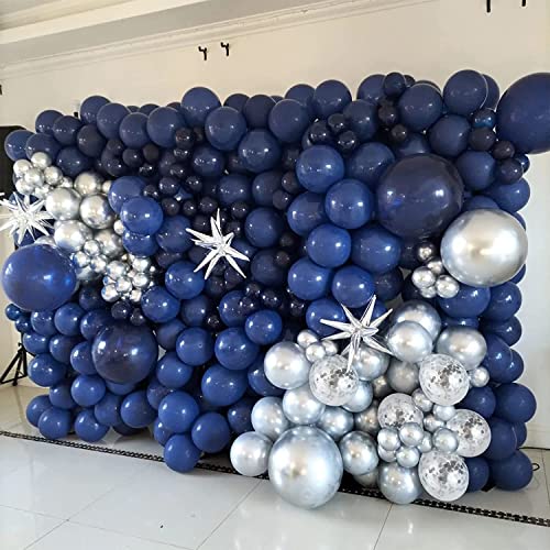 Image of Navy Blue Silver White Confetti Balloons Arch Kit, 120 PCS 12in 10in 5in Latex Garland Arches Kit for Graduation, Birthday, Wedding, Anniversary, Celebrations, Party Decoration
