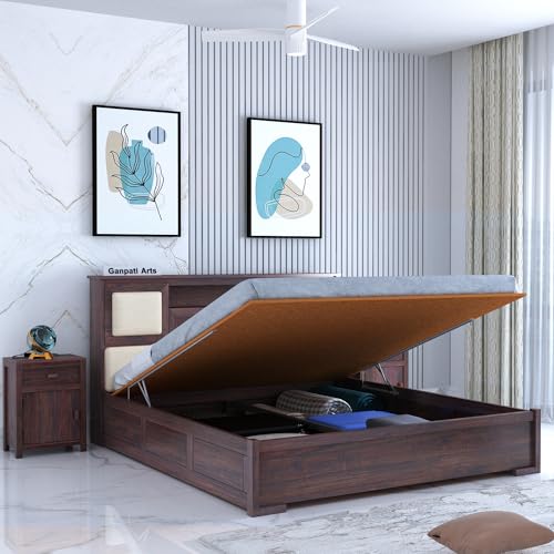 Ganpati Arts Solid Sheesham Wood Maharaja Queen Size Bed with Headboard and Hydraulic Storage Wooden Double Bed Palang for Bedroom Home (Walnut Finish)