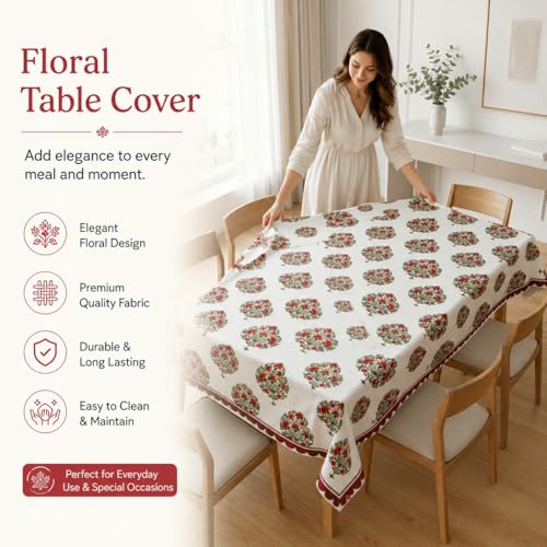 Image of BSB HOME 300 TC Table Cover for 6 Seater Dining Table, Premium Soft Washable Wrinkle & Fade Resistant Table Cloth for Home Kitchen Dining Room Decor, 90 x 60 Inches (228 x 152 cm) - Floral White