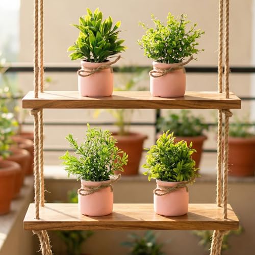 Image of Dekorly Plastic 4pcs Artificial Pot Flowers Small Fake Plants with Pot Mini Potted Plants for House Office Tabletop Decoration (Pink)