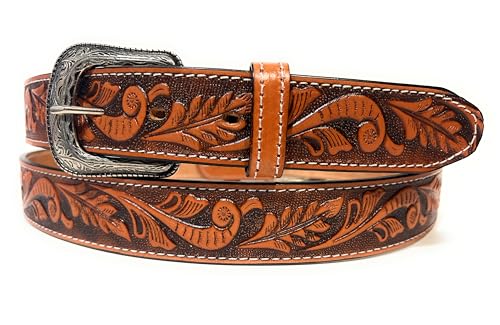 Men's Heavy Duty Genuine Leather Western Casual or Work Belt, Men's 1 1/2 inch wide Top Grain Tulip Embossed Leather Belt
