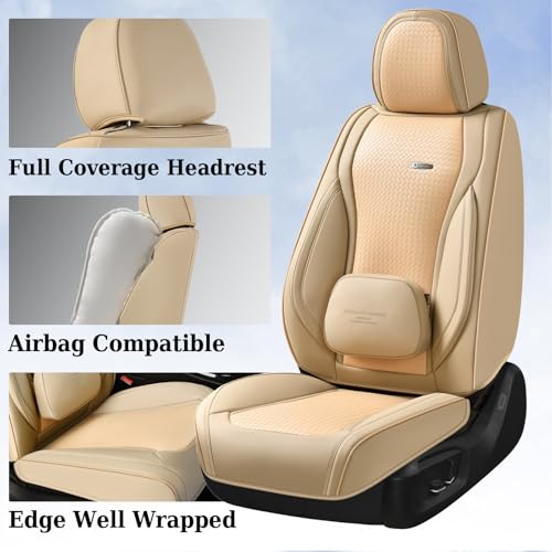 Image of Coverado Seat Covers, Car Seat Covers Front Seats, Waterproof Nappa Leather Auto Seat Cover with Lumbar Head Pillow, Beige Seat Covers Carseat Cover Universal Fit for Most Cars