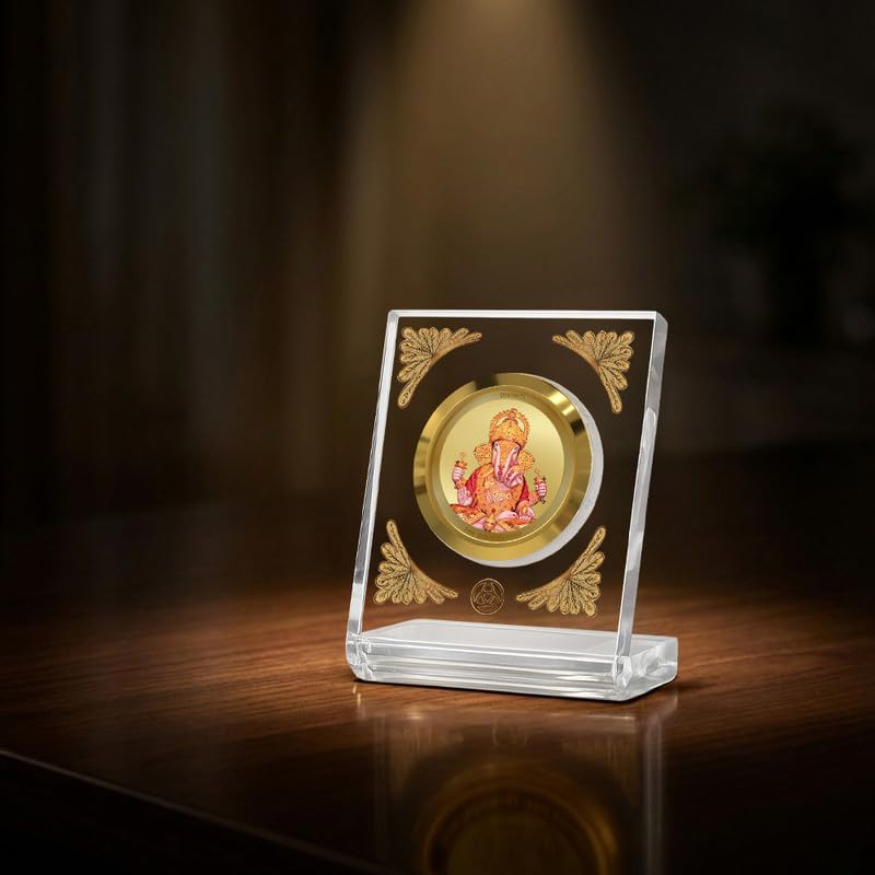 Image of DIVINITI 24K Gold Plated Lord Dagadu Ganesha Acrylic Frame for Car Dashboard, Home Temple & Office Table | Premium Spiritual Gift, Blessings for Protection & Positivity, 8x7 cm Decorative Showpiece