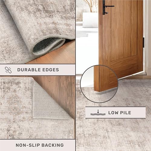 Image of Farmhouse Area Rugs for Living Room, 8x10 Washable Abstract Rug for Bedroom, Dining Room Under Table and Home Office, Ultra-Soft Low Pile Design, Stain Resistant (Beige / Brown), Distressed Design