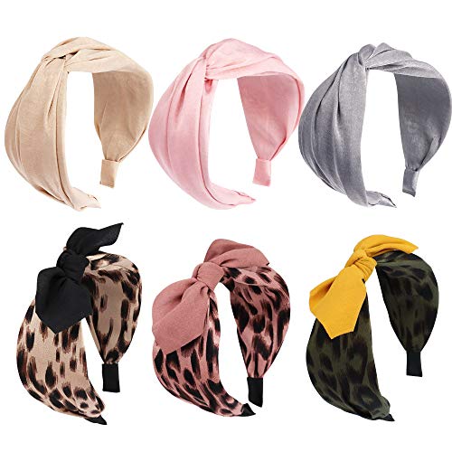 Didder 6 Pack Wide Headbands for Women Criss Cross Silk Hair Band and Twist Knotted Leopard Printed Elastic Vintage Bunny Ears Hair Band for Women