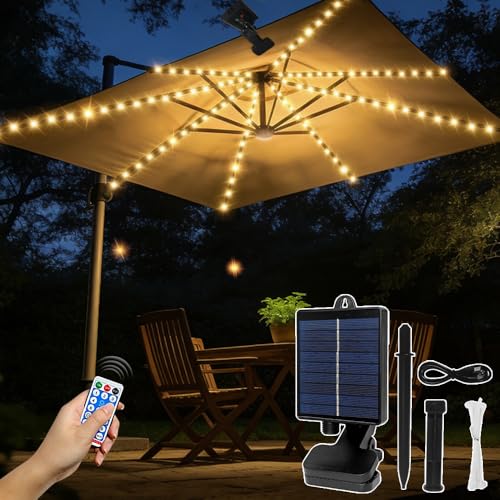 HuaMuDM Lumières Solaires de Parapluie,Lampes pour Parasol Solaire,104 LED 8 Modes,Avec Télécommande,USB,Parasol décoration,Jardin,Tente de Camping