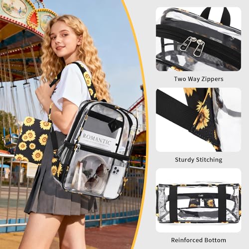 Image of MUSEVOS Clear Backpack for School, Heavy Duty PVC Transparent Bookbag for Girls Stadium Approved See Through Backpack, Sunflowers