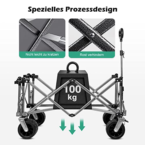 Foto von Dametay Bollerwagen Faltbar Strand Handwagen: Klappbar Handwagen mit Bremse Getränkehalter Handwagen Transportwagen mit Vollgummi-Reifen 172L 100kg Tragkraft Grau