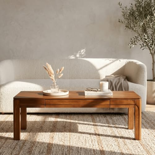 NTC Flow Modern Wooden Rectangle Coffee Table with Hidden Drawer – Waterproof & Heat Resistant, Dark Walnut