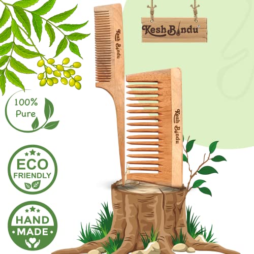 Image of Handmade Kacchi Neem Wooden Comb For Men & Women Detangling, Frizz Control & Shine, Suited For All Hair Diffrent Type of Kangi Combo Pack 2pis (Wide Tooth + Tel)