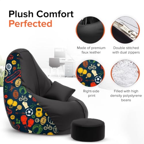 Image of Amazon Brand - Solimo Premium Faux Leather Bean Bag Combo with Footrest & Cushion, Filled with Beans | Capacity: Upto 6 Ft 3 in Height, 120 KG Weight | 4XL | Sports Mania | Black