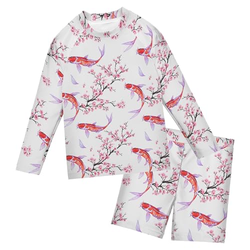 Koi Fish Pink Cherry Blossom Toddler Boys' 2-Piece Swimsuit Trunk, Long Sleeve Rashguard Bathing Suit B0405071