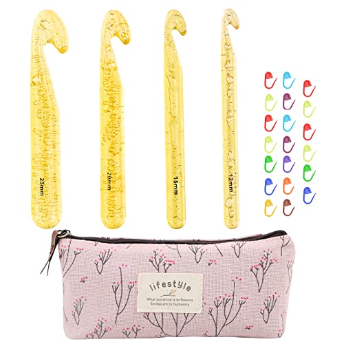 BENBO Huge Crochet Hook Set, 4 Sizes Extra Large Crochet Hook Needles and 20 Pieces Stitch Markers with Case Plastic Crochet Hook Bulky Yarn for Blanket Shawl Rug Rags (12mm / 15mm / 20mm / 25mm)