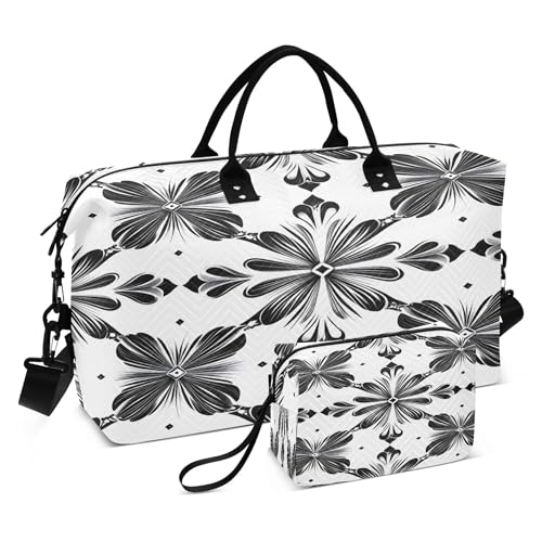 Black and White Symmetrical Floral Travel Duffel Bag for Women Weekend Overnight Dag with Toiletry Bag, Luggage Bag for Travel, Sport, Gym