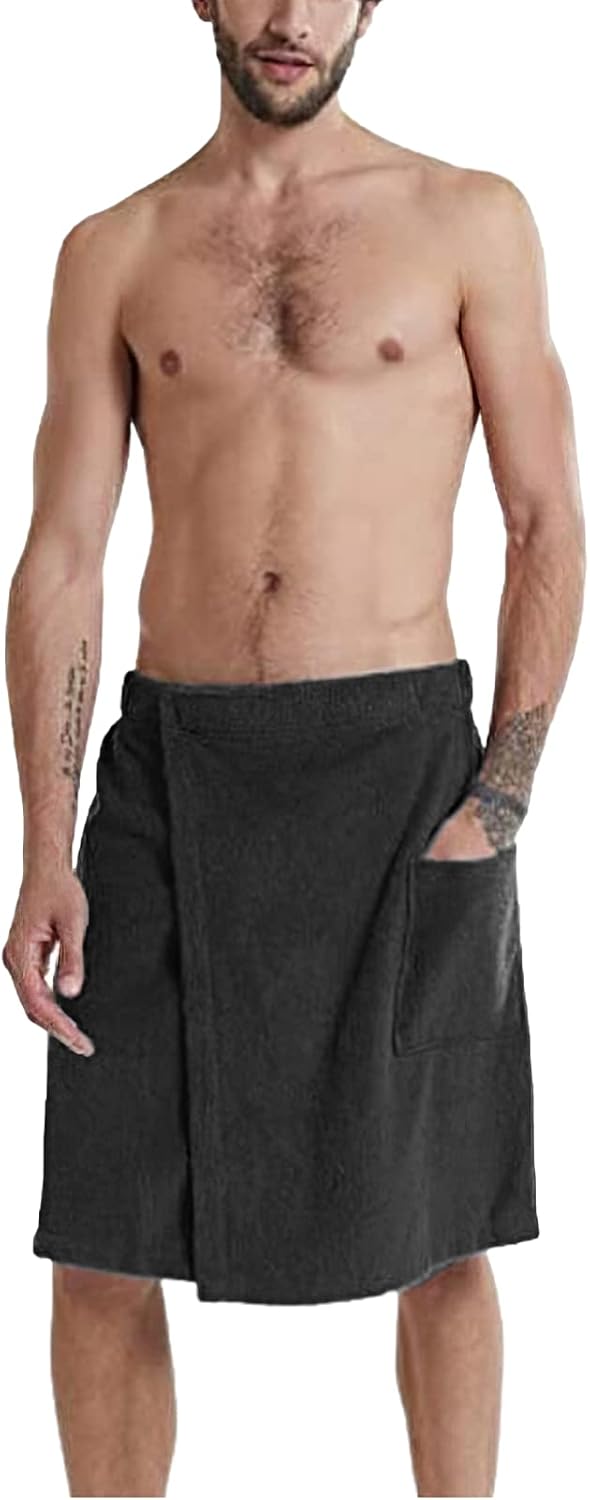 ANUFER Mens Adjustable Bath Towel Wrap - Wearable Towel Skirt with Pocket for Gym Shower Sauna Spa & Beach Cover Ups