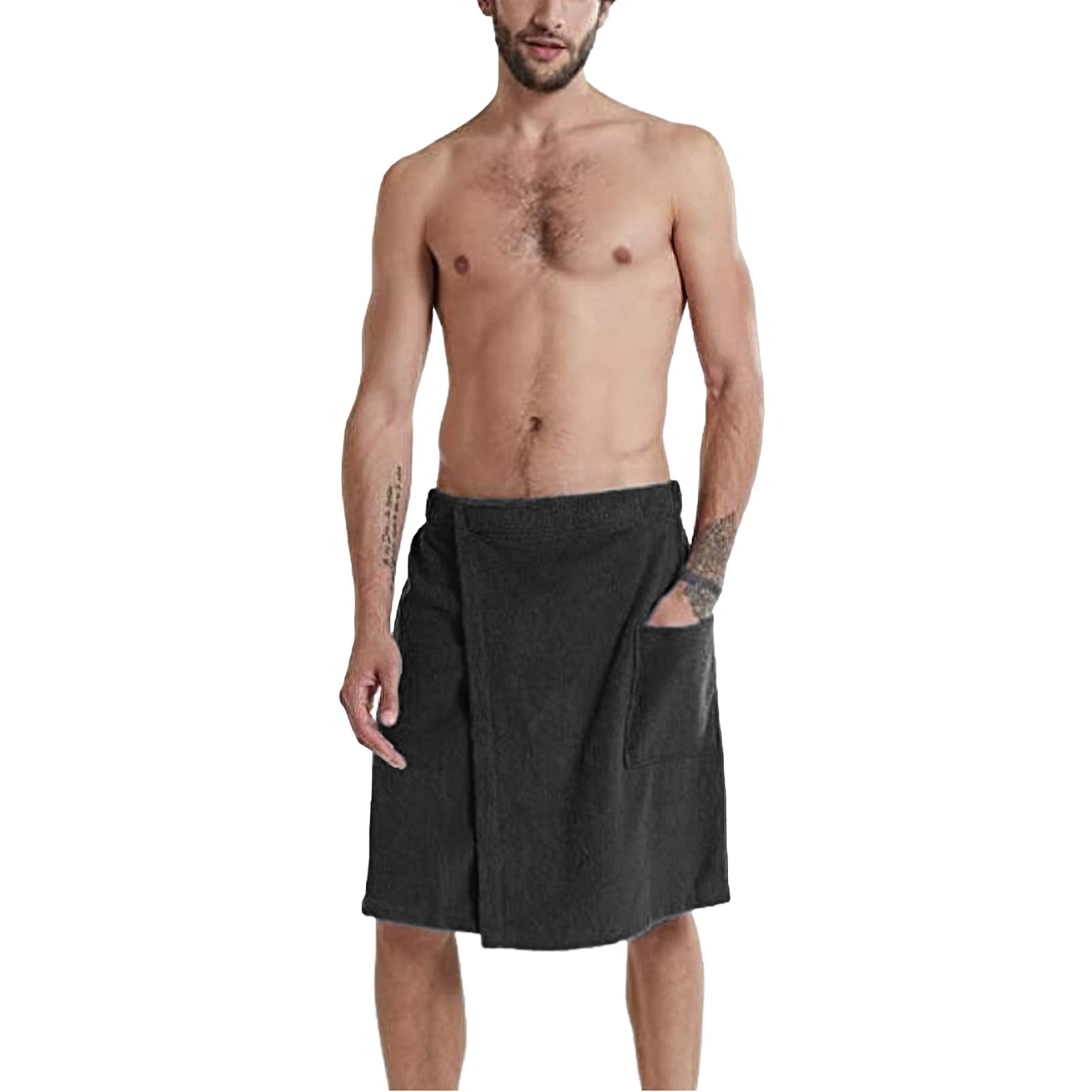 ANUFER Mens Adjustable Bath Towel Wrap - Wearable Towel Skirt with Pocket for Gym Shower Sauna Spa & Beach Cover Ups Black M