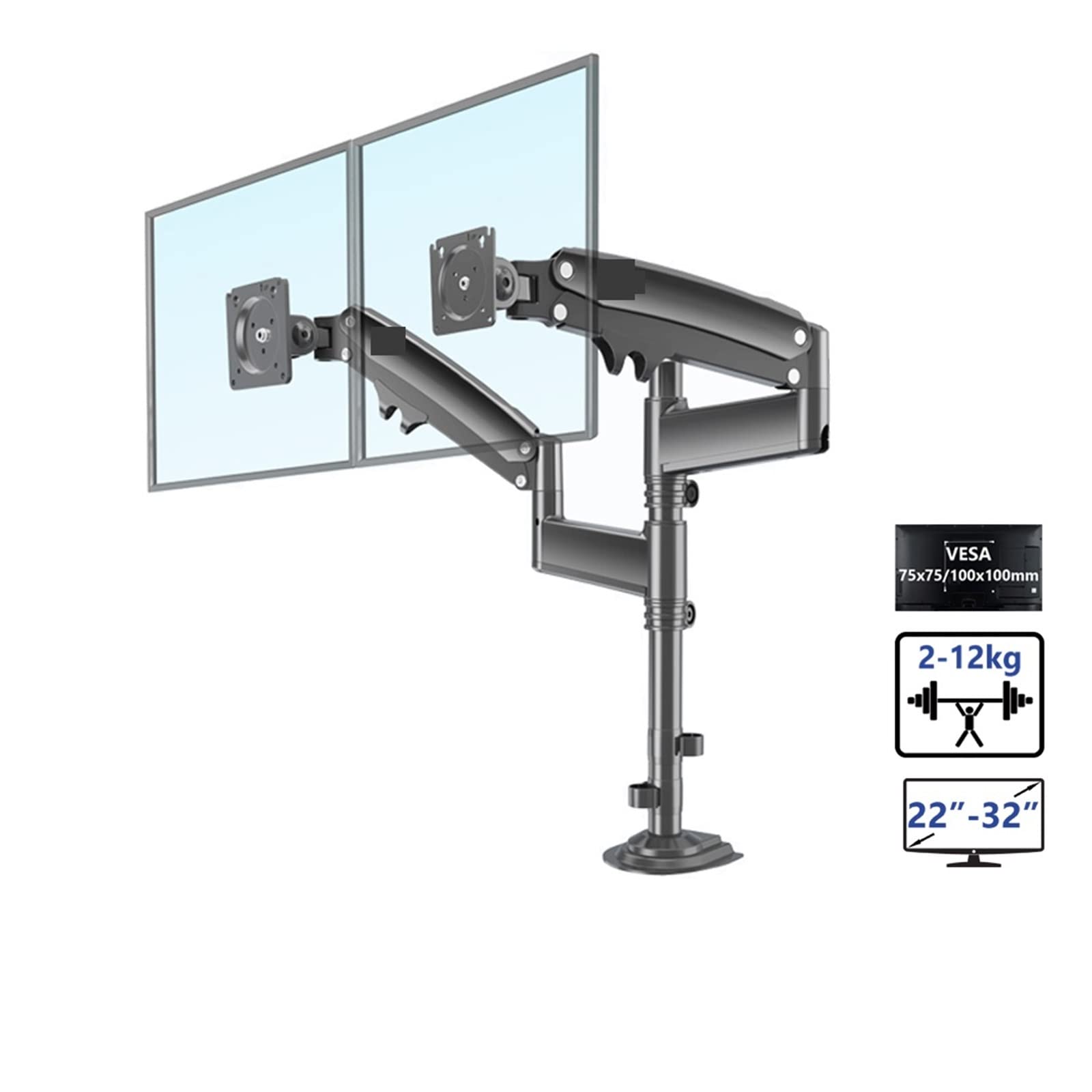 Supporto per Monitor, 22 "-32" Braccio porta monitor doppio da scrivania Molla a gas Supporto for TV LCD Full Motion 2-12 kg Staffa ergonomica con morsetto a doppio braccio