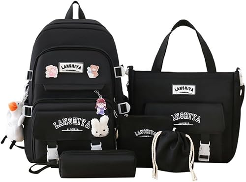 Linda mochila con accesorios kawaii Juego de 5 bolsas impermeables estéticas (negro)