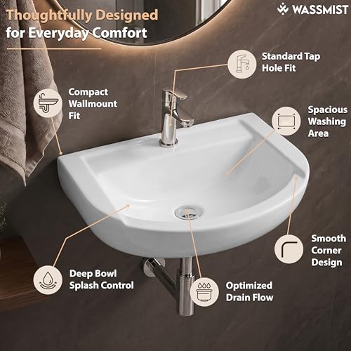 Image of WASSMIST Wash Basin | Wall Hung Wash Basin for Bathroom with 10 Year Glaze Warranty | Premium Ceramic Semi Round Basin with Tap Hole (18.5 X 14.4 X 7 Inch)