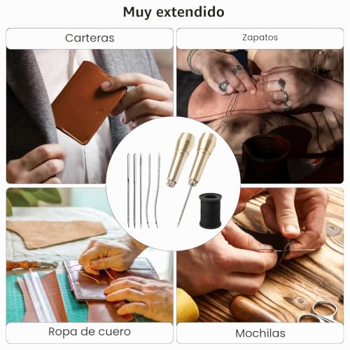 Miniatura 7 de Hengbird Juego De 2 Punzones De Aguja De Cuero Lezna De Zapatero De Cuero Con 2 Mangos De Latón, 2 Agujas Rectas, 2 Agujas Curvas, 2 Agujeros Para Agujas Y 50 Metros De Hilo Negro