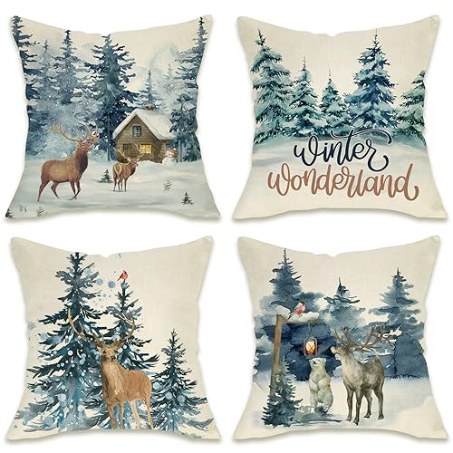 Fahrendom Blue Winter Wonderland Reindeer Snow Decorative Pillow Cover 18 x 18 Set of 4, Deer Snowflakes Snowman Christmas Decoration Throw Pillowcase, Polar Bear Elk Pine Tree Forest Farmhouse Decor
