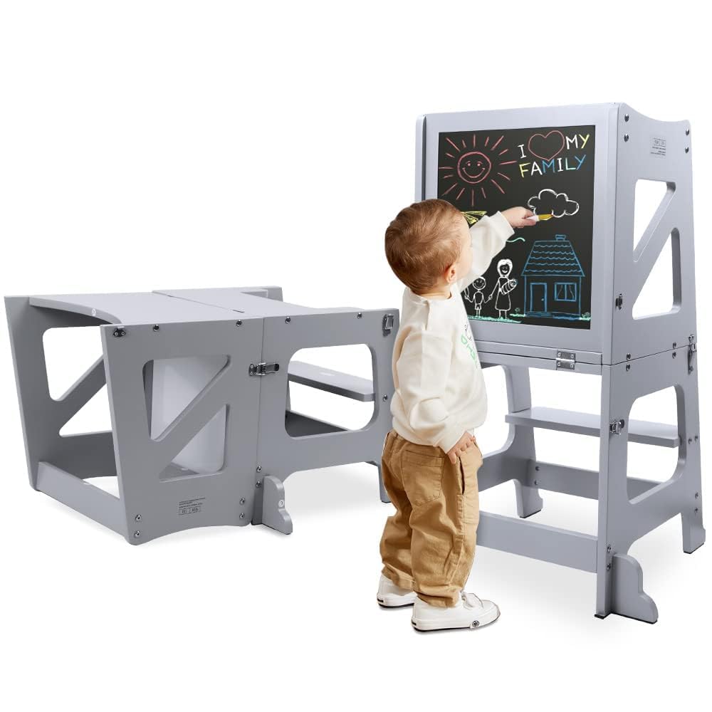YOLEO 2 in1 Lernturm Kinder, Klappbar Montessori Lernturm ab 1 Jahr, Learning Tower für Kinder mit Rausfallschutz, mit doppelseitiger magnetischer Tafel, Küchen-/Badezimmerhelfer (Grau)