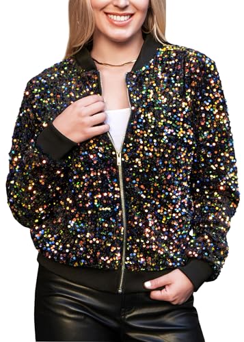 Anna-Kaci Women's Sparkly Sequin Jacket Glitter Long Sleeves Front Zip Up Bomber Jacket with Ribbed Cuffs, Multicolor, X-Large