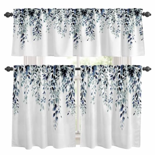 Epetloutys Blue Teal Eucalyptus Kitchen Curtains Set, Tier Curtain 24