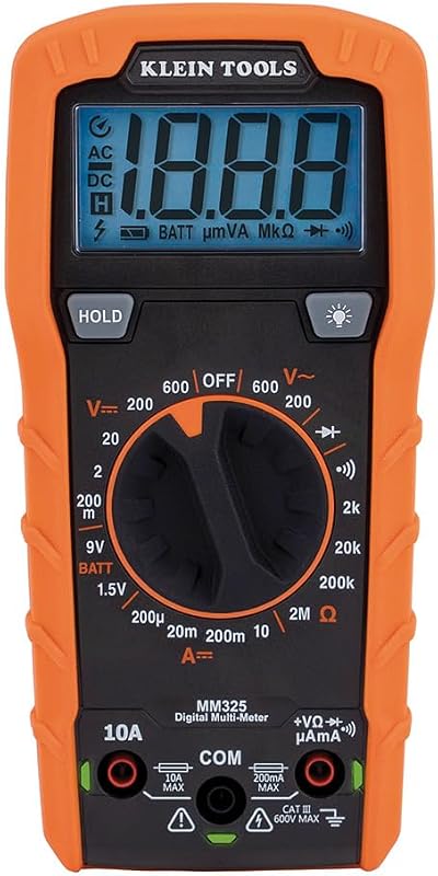 Multímetro Klein Tools MM325, probador de voltaje CA/CC de 600 V de rango manual digital, prueba baterías, corriente, resistencia, diodos y continuidad