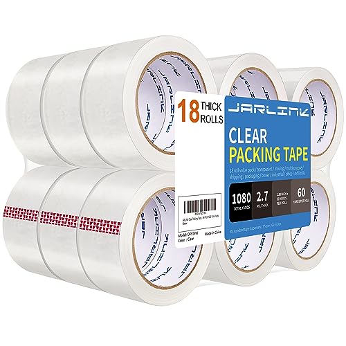 Image of JARLINK 18 Rolls Clear Packing Tape, Heavy Duty Packaging Tape | 2.7mil Thick and 1.88 inch Wide. 60 Yards per Roll, 1080 Total Yards. Moving Supplies for Shipping Packaging Sealing