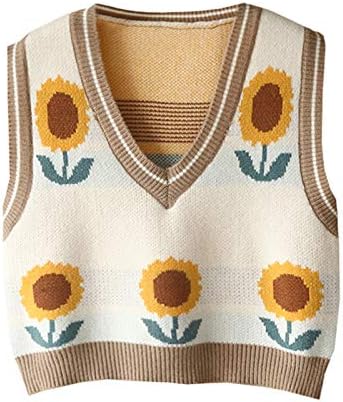 Hyipels Women's Crop Floral Sweater Vest,Sunflower Cute V Neck Knitwear Loose Croped Tank Top for Girls