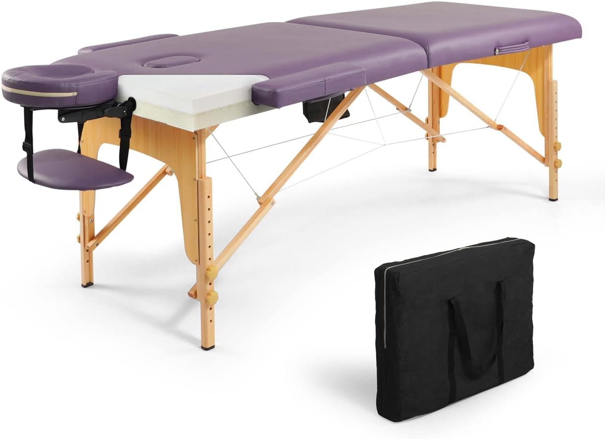 CAPHAUS Premium Memory Foam Massage Table, 84 Inch Foldable & Portable, Height Adjustable Spa Bed, Facial Cradle Salon Bed, 28 Inch Wide, Purple