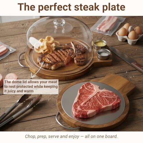 Plato para Filetes Premium de Madera de Acacia con Tapa en Cúpula – Tabla de Cortar de Acero Inoxidable para Reposo de Carnes – Bandeja Híbrida Reversible para Barbecue, Charcutería y Entretenimiento miniatura 5