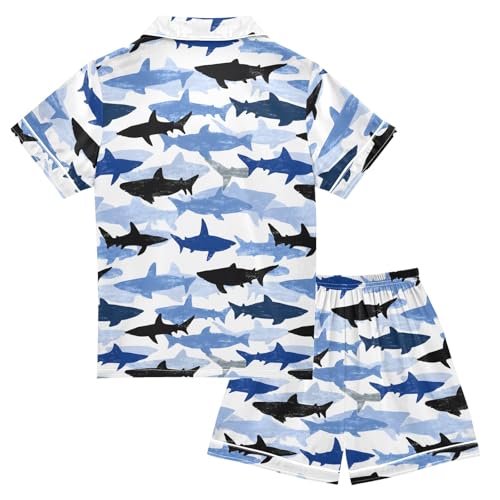 Blue Black Cartoon Shark Pattern Summer Satin Pajama Set, Cute Button-Down Sleepwear Pj Set for Sleep Wears2