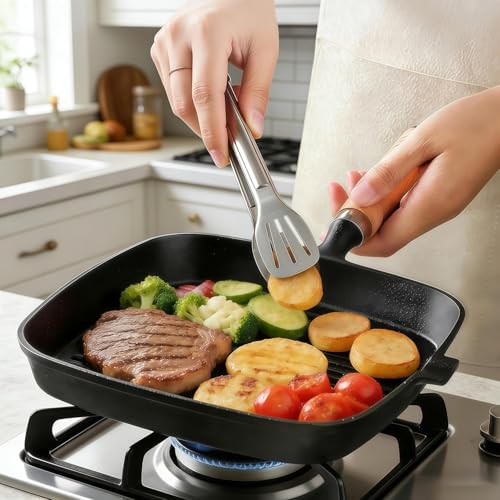 Cast Iron Grill Pan, 9 Inch Griddle Pan Skillet with Kitchen Tong & Brush - Image 3