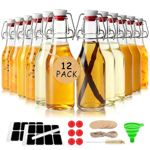 Ruckae 12 Pack 8.5oz Swing Top Glass Bottles with Lids Kombucha Coquito Flip Top Glass Bottle for Syrup Vanilla Extract Brew Beer Kefir Air Tight Bottles for Gift (8.5 oz 12 pack)