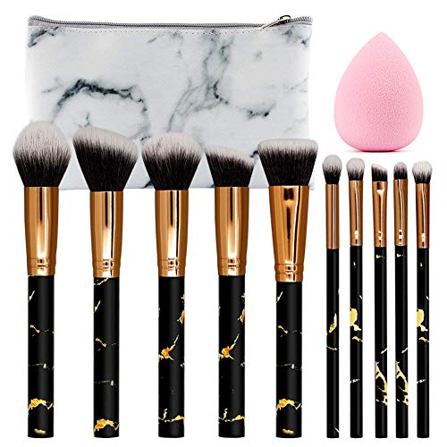SEPROFE 10pcs Marble Makeup Brushes Set Professional Make Up Brush Kit Beauty Blender Sponge Foundation Eyeshadow Blusher Concealer Contour Highlighter Eyebrow Eyeliner Cosmetics Organizer Travel Case