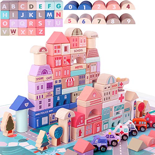 Image of UMBWORLD 115 Pcs Wooden Building Blocks Toy Set for Kids, City Construction Stacker Stacking Preschool Learning Educational Toys Gifts for 3+ Boy Girl Toddler