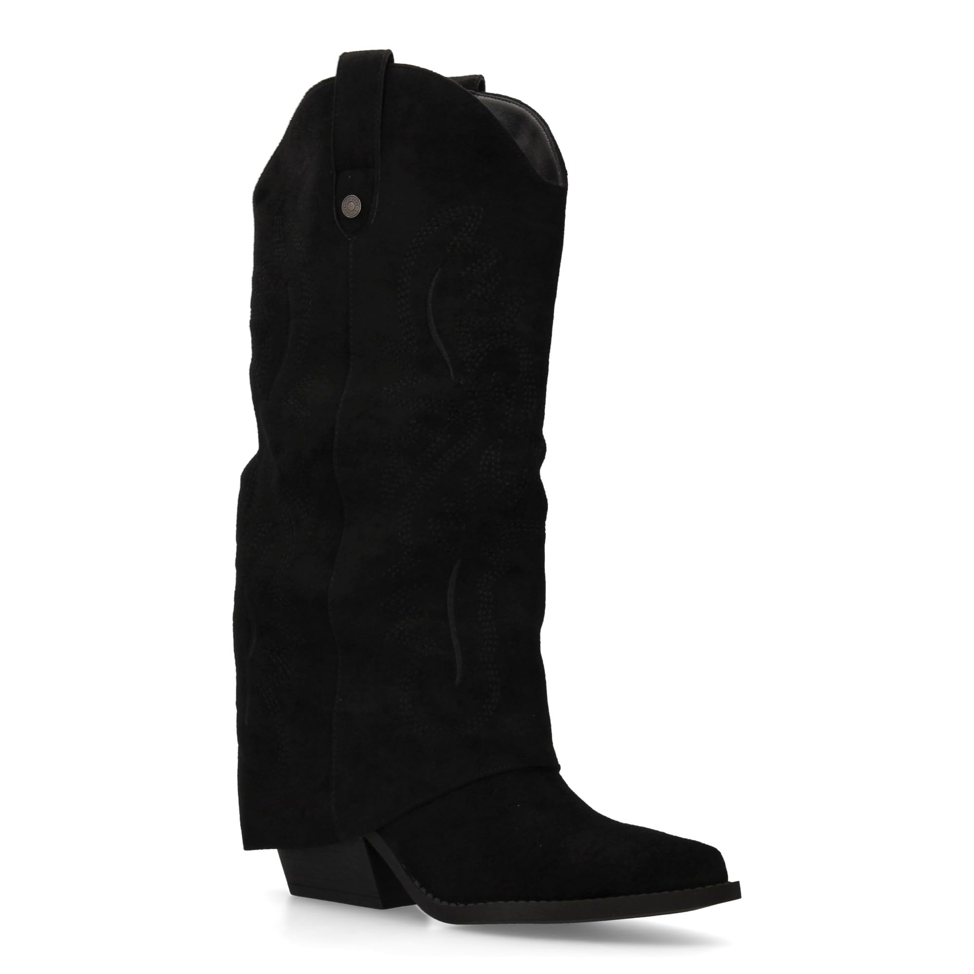 Bota para Mujer Estilo Cowboy, acabada en Punta y con Grabados Bordados en la Cana. Tacon Cubano y Cierre de Cremallera. Ideal Otono Invierno.