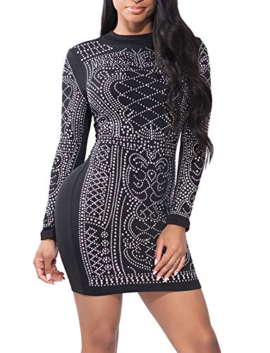 VWIWV Women Retro Luxurious Long Sleeve Mini Dress Sequin Bodycon Party Mini Dress with Zipper Black