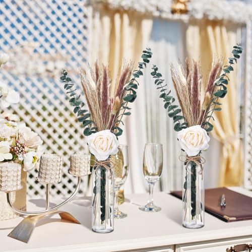 Qinyoung 10 Set Dried Pampas Grass Centerpiece for Wedding Baby Shower Party 10 Glass Flower Jars 10 Artificial Roses 80 Dried Pampas Grass with Rope for Rustic Bridal Farmhouse Decoration - Image 7