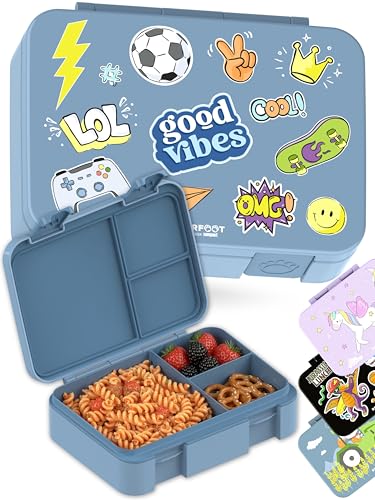 Image of BEARFOOT Kids Lunch Box with Compartments - Compact & Lightweight | Leak-Proof, BPA-Free, Dishwasher Safe | Hand-Drawn Design for Preschool, School, Travel (Sticker Blue, 4 Cups) | BPA Free Leakproof Lunch Box with Compartments School & Nursery for Girls & Boys Lightweight & Compact