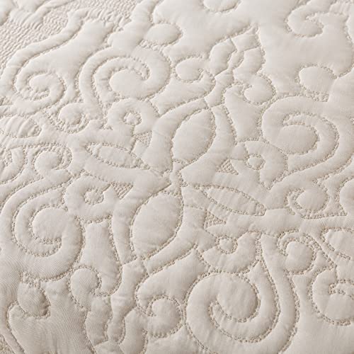 NEWLAKE Quilt Bedspread Set, Beige Jacquard Embossed Floral Pattern Reversible Embroidered Microfiber Coverlet Sets, Queen Size
