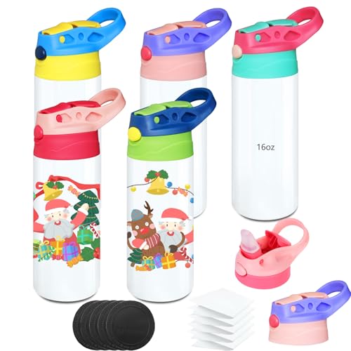 Gekestory 5 PACK Kids Sublimation Tumblers 16 OZ Sublimation Sippy Cups Leak Proof Stainless Steel Blank Water Bottle for DIY Heat Press Print Crafting Gift
