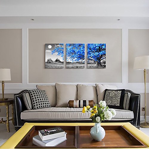 Image of TTHWALLART Wall Art For Living Room black and white Blue tree moon Canvas Wall Decor for Home artwork huge Painting 16 inch x 24 inch 3 Pieces Canvas Print For bedroom Decor Modern Salon kitchen office Hang