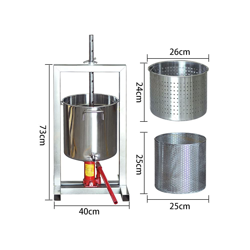 Fruit Press Crusher 304 Stainless Steel Cider Wine Juice Press Grinder Hydraulic Jack Pressing Plate Juice Making Grinder Pulping Machine Household Winemaking Filter Equipment (304-20L)
