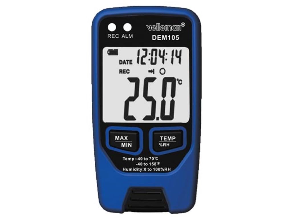 Velleman Datalogger, misura temperatura e umidità, USB, display LCD, allarme forte, batteria a lunga durata